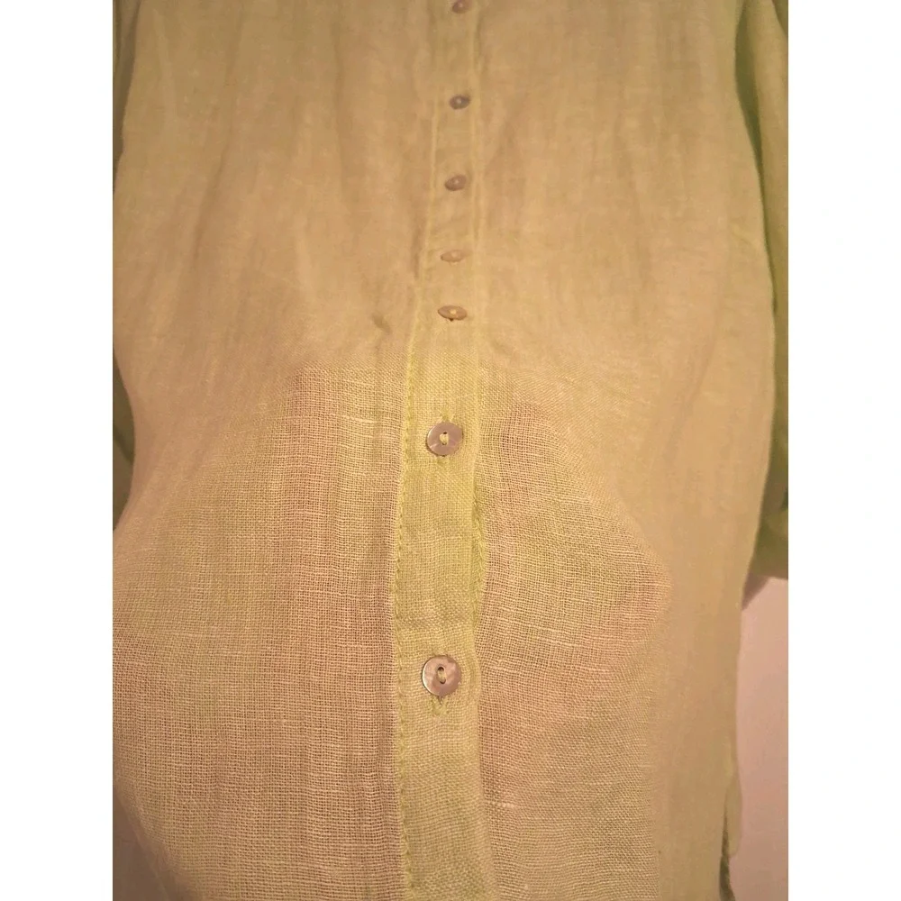 Tahari 100% Linen Tunic Shirt 1X Lime Green Roll Tab Sleeve Lagenlook Coastal